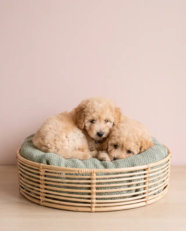 Dois cachorros Caniche Anão creme num cesto