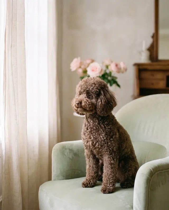 Caniche Anão castanho chocolate numa poltrona verde-sálvia
