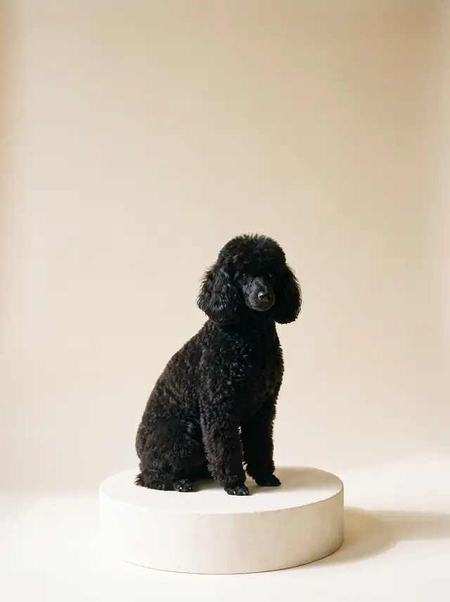 Caniche Anão preto sentado num pedestal