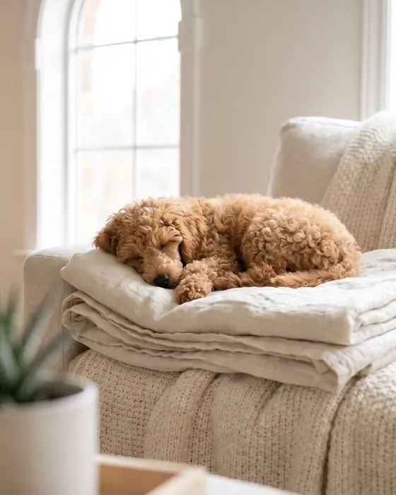 Cachorro Caniche Anão damasco a dormir em linho