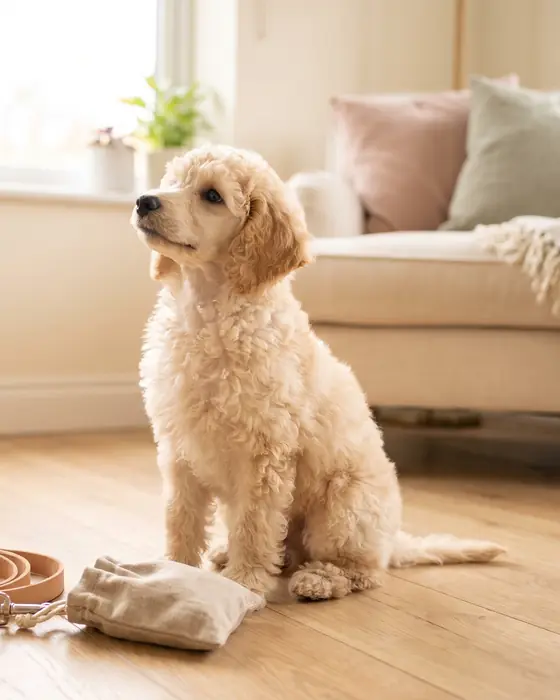 Cachorro Caniche Anão creme sentado, atento, ao lado de uma trela